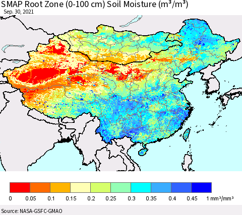 China, Mongolia and Taiwan SMAP Root Zone (0-100 cm) Soil Moisture (m³/m³) Thematic Map For 9/26/2021 - 9/30/2021