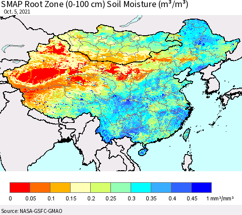 China, Mongolia and Taiwan SMAP Root Zone (0-100 cm) Soil Moisture (m³/m³) Thematic Map For 10/1/2021 - 10/5/2021