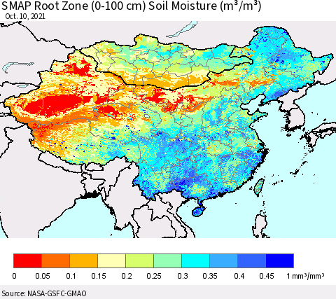 China, Mongolia and Taiwan SMAP Root Zone (0-100 cm) Soil Moisture (m³/m³) Thematic Map For 10/6/2021 - 10/10/2021