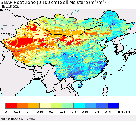 China, Mongolia and Taiwan SMAP Root Zone (0-100 cm) Soil Moisture (m³/m³) Thematic Map For 11/11/2021 - 11/15/2021