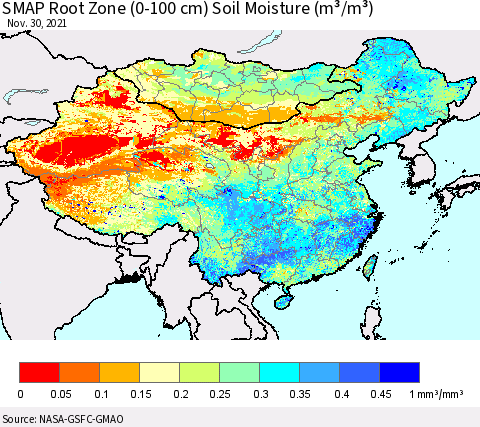 China, Mongolia and Taiwan SMAP Root Zone (0-100 cm) Soil Moisture (m³/m³) Thematic Map For 11/26/2021 - 11/30/2021