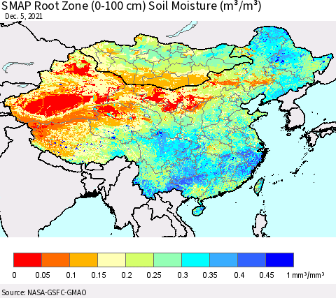 China, Mongolia and Taiwan SMAP Root Zone (0-100 cm) Soil Moisture (m³/m³) Thematic Map For 12/1/2021 - 12/5/2021