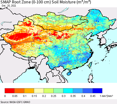 China, Mongolia and Taiwan SMAP Root Zone (0-100 cm) Soil Moisture (m³/m³) Thematic Map For 12/16/2021 - 12/20/2021