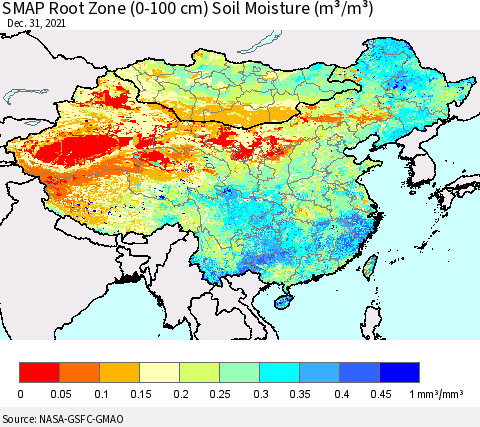 China, Mongolia and Taiwan SMAP Root Zone (0-100 cm) Soil Moisture (m³/m³) Thematic Map For 12/26/2021 - 12/31/2021