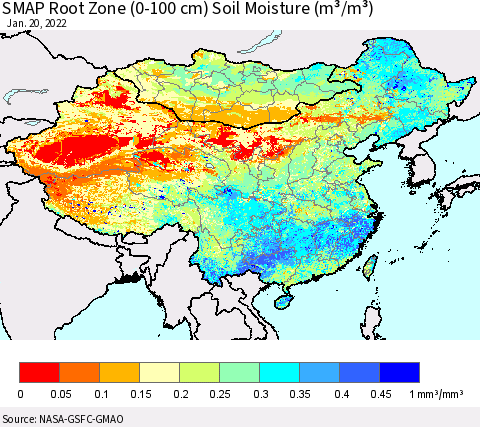 China, Mongolia and Taiwan SMAP Root Zone (0-100 cm) Soil Moisture (m³/m³) Thematic Map For 1/16/2022 - 1/20/2022