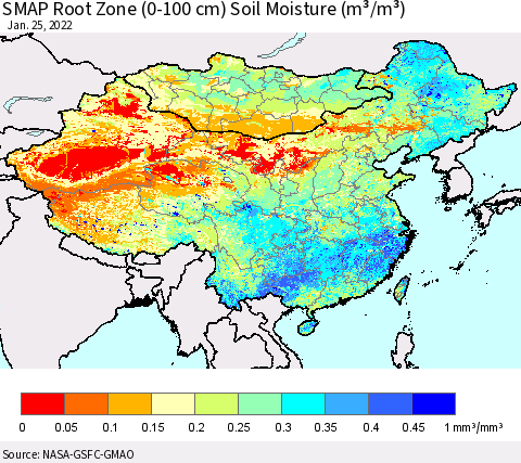 China, Mongolia and Taiwan SMAP Root Zone (0-100 cm) Soil Moisture (m³/m³) Thematic Map For 1/21/2022 - 1/25/2022