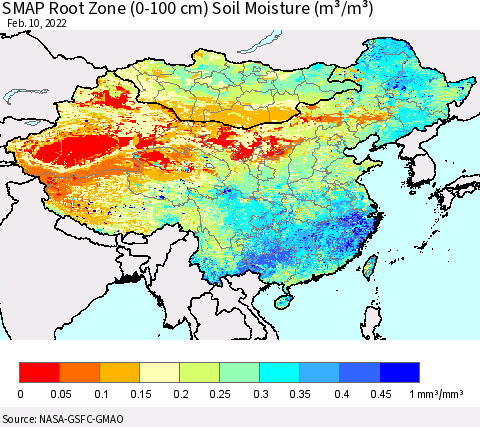 China, Mongolia and Taiwan SMAP Root Zone (0-100 cm) Soil Moisture (m³/m³) Thematic Map For 2/6/2022 - 2/10/2022