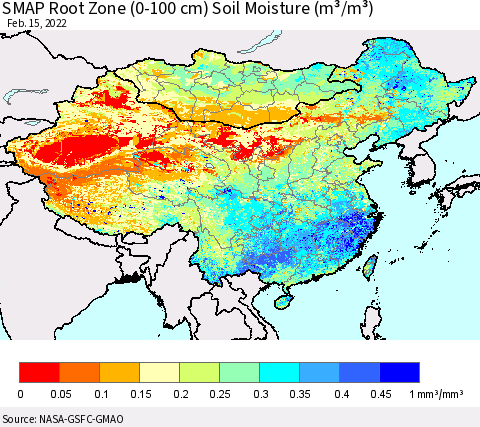 China, Mongolia and Taiwan SMAP Root Zone (0-100 cm) Soil Moisture (m³/m³) Thematic Map For 2/11/2022 - 2/15/2022