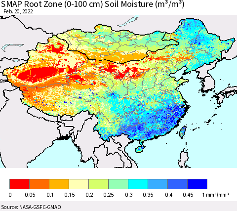 China, Mongolia and Taiwan SMAP Root Zone (0-100 cm) Soil Moisture (m³/m³) Thematic Map For 2/16/2022 - 2/20/2022