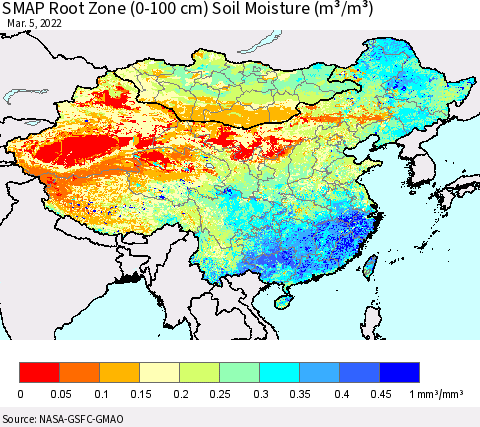 China, Mongolia and Taiwan SMAP Root Zone (0-100 cm) Soil Moisture (m³/m³) Thematic Map For 3/1/2022 - 3/5/2022