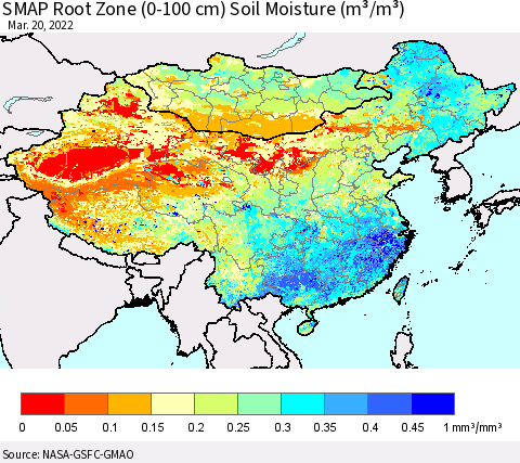 China, Mongolia and Taiwan SMAP Root Zone (0-100 cm) Soil Moisture (m³/m³) Thematic Map For 3/16/2022 - 3/20/2022