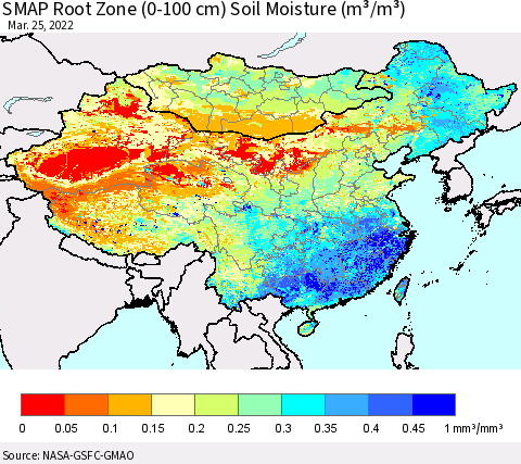 China, Mongolia and Taiwan SMAP Root Zone (0-100 cm) Soil Moisture (m³/m³) Thematic Map For 3/21/2022 - 3/25/2022