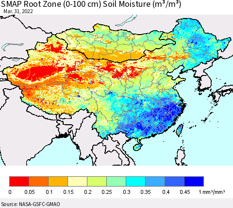 China, Mongolia and Taiwan SMAP Root Zone (0-100 cm) Soil Moisture (m³/m³) Thematic Map For 3/26/2022 - 3/31/2022