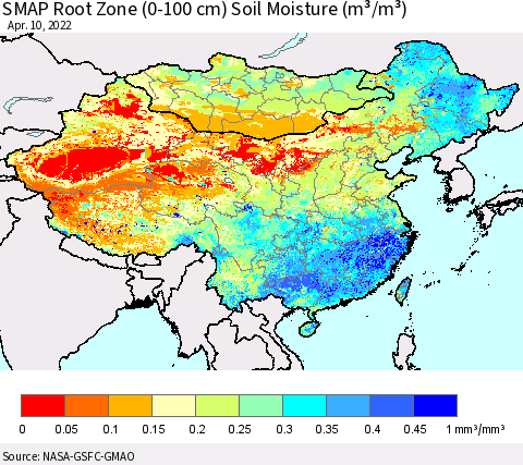 China, Mongolia and Taiwan SMAP Root Zone (0-100 cm) Soil Moisture (m³/m³) Thematic Map For 4/6/2022 - 4/10/2022