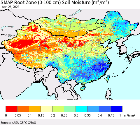 China, Mongolia and Taiwan SMAP Root Zone (0-100 cm) Soil Moisture (m³/m³) Thematic Map For 4/21/2022 - 4/25/2022