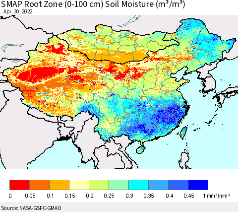 China, Mongolia and Taiwan SMAP Root Zone (0-100 cm) Soil Moisture (m³/m³) Thematic Map For 4/26/2022 - 4/30/2022