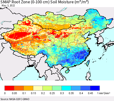 China, Mongolia and Taiwan SMAP Root Zone (0-100 cm) Soil Moisture (m³/m³) Thematic Map For 5/1/2022 - 5/5/2022