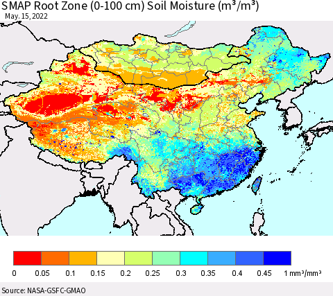 China, Mongolia and Taiwan SMAP Root Zone (0-100 cm) Soil Moisture (m³/m³) Thematic Map For 5/11/2022 - 5/15/2022
