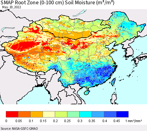 China, Mongolia and Taiwan SMAP Root Zone (0-100 cm) Soil Moisture (m³/m³) Thematic Map For 5/16/2022 - 5/20/2022