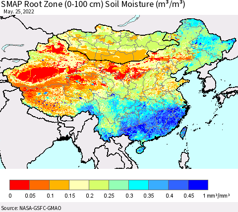 China, Mongolia and Taiwan SMAP Root Zone (0-100 cm) Soil Moisture (m³/m³) Thematic Map For 5/21/2022 - 5/25/2022