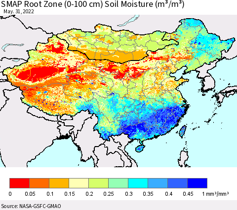 China, Mongolia and Taiwan SMAP Root Zone (0-100 cm) Soil Moisture (m³/m³) Thematic Map For 5/26/2022 - 5/31/2022