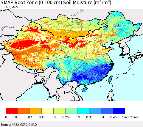 China, Mongolia and Taiwan SMAP Root Zone (0-100 cm) Soil Moisture (m³/m³) Thematic Map For 6/1/2022 - 6/5/2022