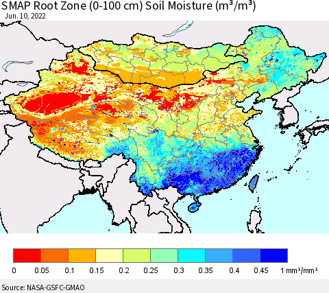 China, Mongolia and Taiwan SMAP Root Zone (0-100 cm) Soil Moisture (m³/m³) Thematic Map For 6/6/2022 - 6/10/2022