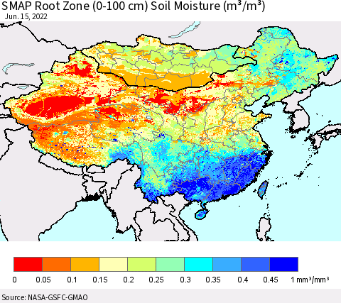China, Mongolia and Taiwan SMAP Root Zone (0-100 cm) Soil Moisture (m³/m³) Thematic Map For 6/11/2022 - 6/15/2022