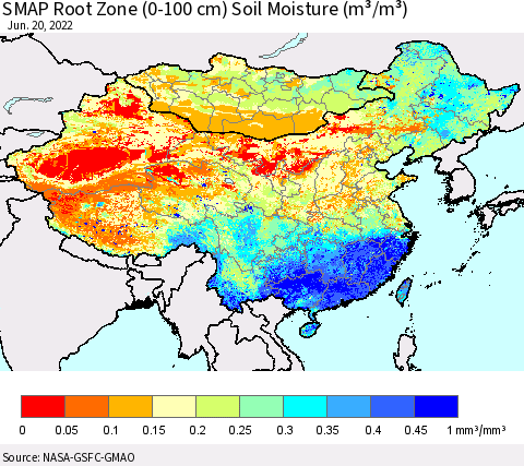 China, Mongolia and Taiwan SMAP Root Zone (0-100 cm) Soil Moisture (m³/m³) Thematic Map For 6/16/2022 - 6/20/2022