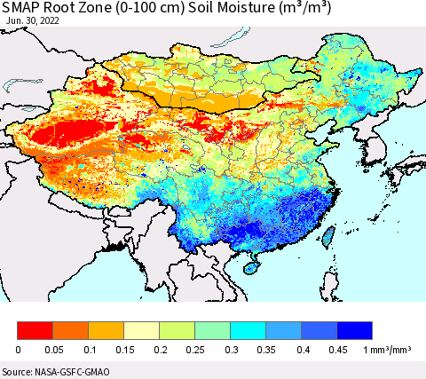 China, Mongolia and Taiwan SMAP Root Zone (0-100 cm) Soil Moisture (m³/m³) Thematic Map For 6/26/2022 - 6/30/2022