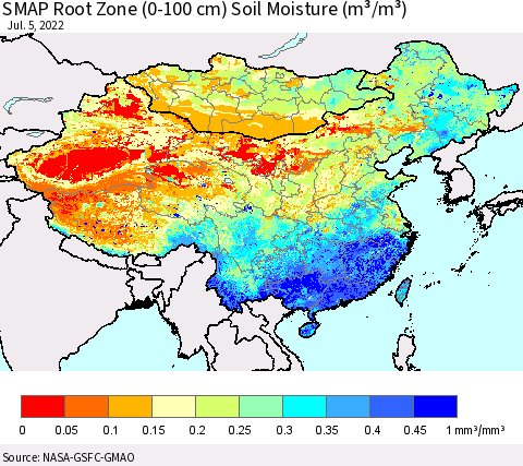 China, Mongolia and Taiwan SMAP Root Zone (0-100 cm) Soil Moisture (m³/m³) Thematic Map For 7/1/2022 - 7/5/2022