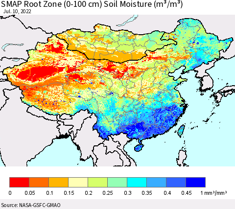 China, Mongolia and Taiwan SMAP Root Zone (0-100 cm) Soil Moisture (m³/m³) Thematic Map For 7/6/2022 - 7/10/2022