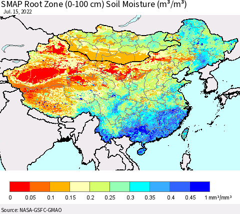 China, Mongolia and Taiwan SMAP Root Zone (0-100 cm) Soil Moisture (m³/m³) Thematic Map For 7/11/2022 - 7/15/2022