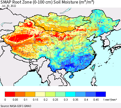 China, Mongolia and Taiwan SMAP Root Zone (0-100 cm) Soil Moisture (m³/m³) Thematic Map For 7/16/2022 - 7/20/2022