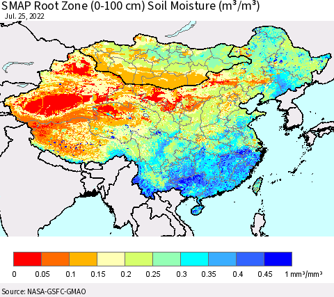 China, Mongolia and Taiwan SMAP Root Zone (0-100 cm) Soil Moisture (m³/m³) Thematic Map For 7/21/2022 - 7/25/2022