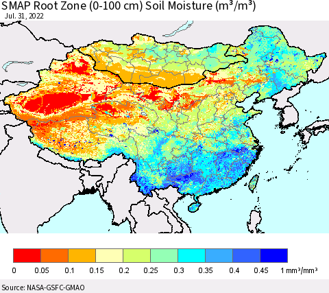 China, Mongolia and Taiwan SMAP Root Zone (0-100 cm) Soil Moisture (m³/m³) Thematic Map For 7/26/2022 - 7/31/2022