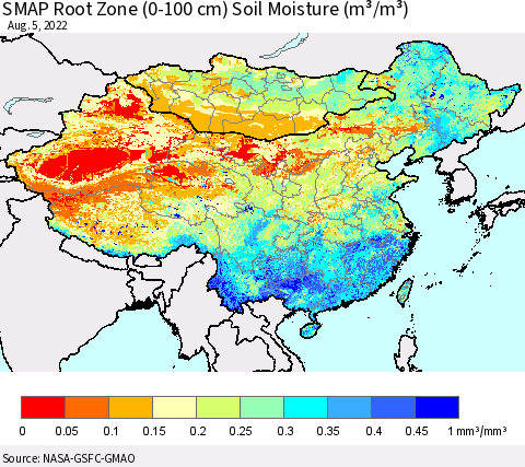 China, Mongolia and Taiwan SMAP Root Zone (0-100 cm) Soil Moisture (m³/m³) Thematic Map For 8/1/2022 - 8/5/2022