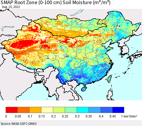 China, Mongolia and Taiwan SMAP Root Zone (0-100 cm) Soil Moisture (m³/m³) Thematic Map For 8/6/2022 - 8/10/2022