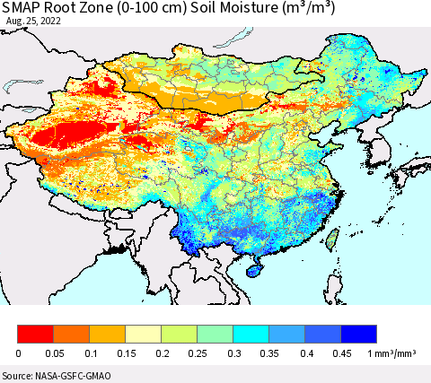 China, Mongolia and Taiwan SMAP Root Zone (0-100 cm) Soil Moisture (m³/m³) Thematic Map For 8/21/2022 - 8/25/2022