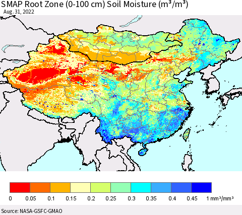 China, Mongolia and Taiwan SMAP Root Zone (0-100 cm) Soil Moisture (m³/m³) Thematic Map For 8/26/2022 - 8/31/2022