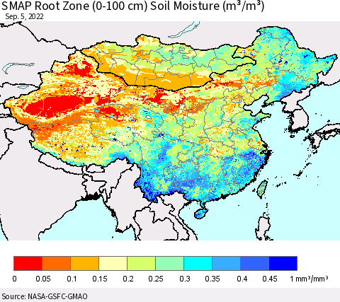 China, Mongolia and Taiwan SMAP Root Zone (0-100 cm) Soil Moisture (m³/m³) Thematic Map For 9/1/2022 - 9/5/2022