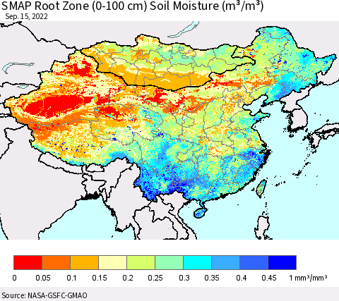 China, Mongolia and Taiwan SMAP Root Zone (0-100 cm) Soil Moisture (m³/m³) Thematic Map For 9/11/2022 - 9/15/2022