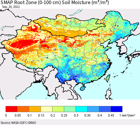 China, Mongolia and Taiwan SMAP Root Zone (0-100 cm) Soil Moisture (m³/m³) Thematic Map For 9/16/2022 - 9/20/2022