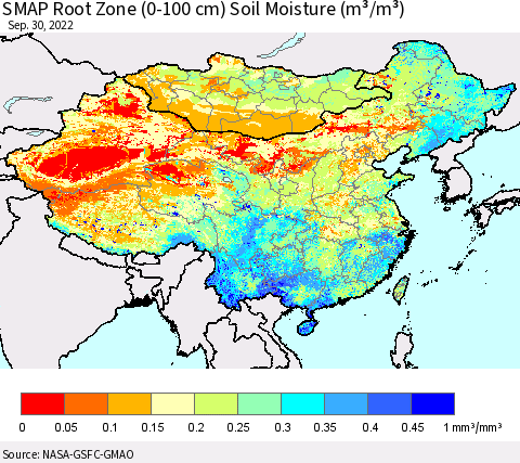 China, Mongolia and Taiwan SMAP Root Zone (0-100 cm) Soil Moisture (m³/m³) Thematic Map For 9/26/2022 - 9/30/2022