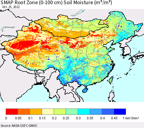 China, Mongolia and Taiwan SMAP Root Zone (0-100 cm) Soil Moisture (m³/m³) Thematic Map For 10/21/2022 - 10/25/2022
