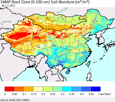 China, Mongolia and Taiwan SMAP Root Zone (0-100 cm) Soil Moisture (m³/m³) Thematic Map For 11/1/2022 - 11/5/2022