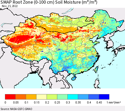 China, Mongolia and Taiwan SMAP Root Zone (0-100 cm) Soil Moisture (m³/m³) Thematic Map For 11/11/2022 - 11/15/2022