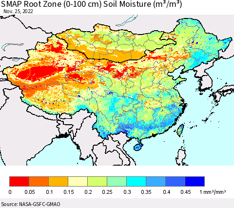 China, Mongolia and Taiwan SMAP Root Zone (0-100 cm) Soil Moisture (m³/m³) Thematic Map For 11/21/2022 - 11/25/2022