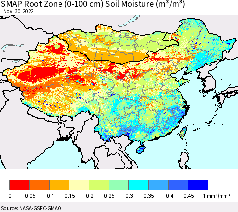 China, Mongolia and Taiwan SMAP Root Zone (0-100 cm) Soil Moisture (m³/m³) Thematic Map For 11/26/2022 - 11/30/2022