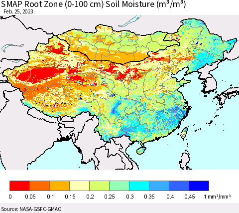 China, Mongolia and Taiwan SMAP Root Zone (0-100 cm) Soil Moisture (m³/m³) Thematic Map For 2/21/2023 - 2/25/2023